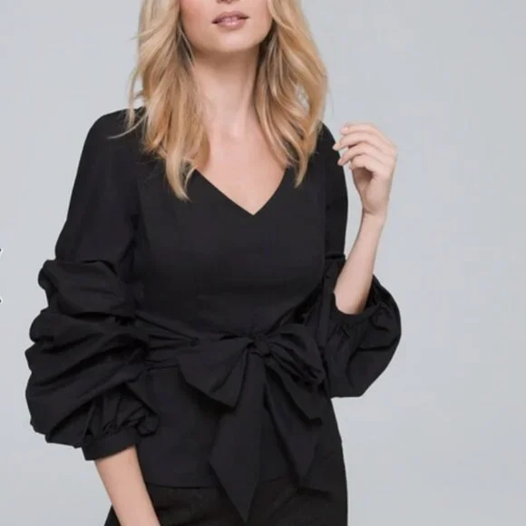 WHBM Ruffle Sleeve Black Blouse Waist Tie Size 2 - Picture 1 of 10